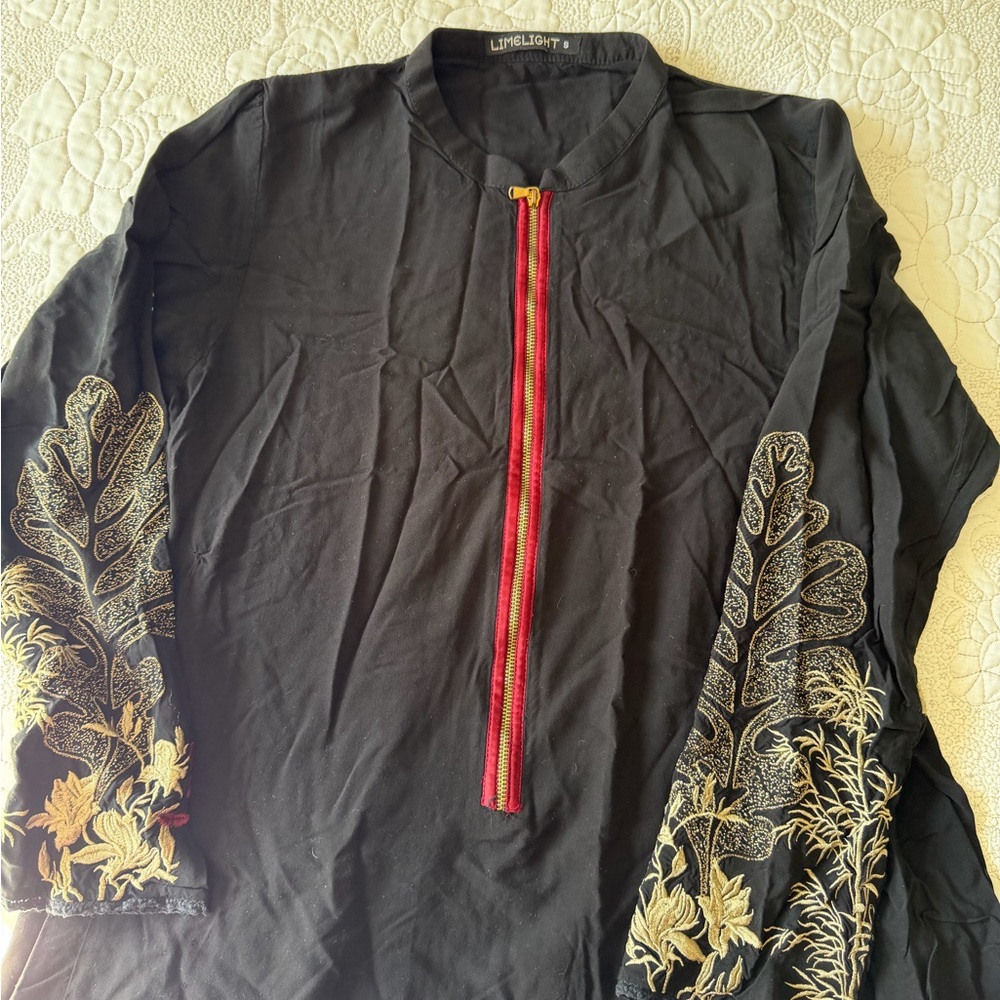 Black Asymmetrical Dress with Gold Embroidery